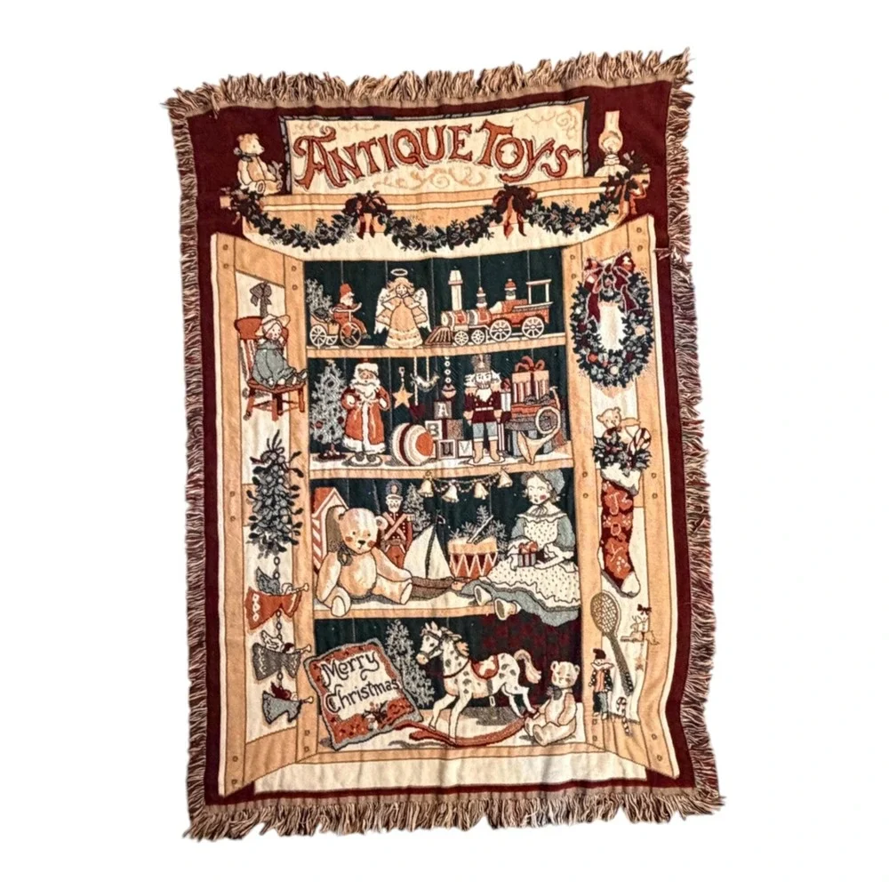 Vintage Christmas Antique Toys Tapestry Throw Blanket Afghan 68x45 Cotton 1990s